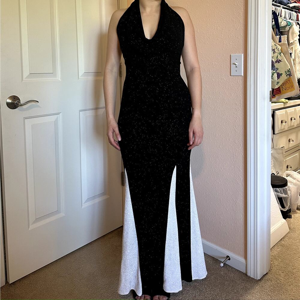 Vintage Y2K Cache Black White Cowl Neck Glitter Formal Gown